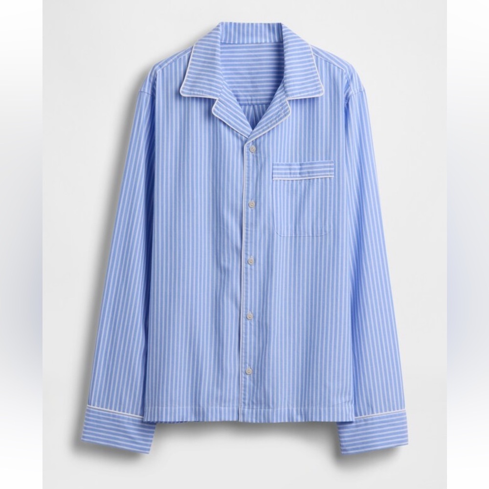 New Gap Pajama Top Women’s Small Poplin 100% cotton Long Sleeve Blue Striped - Picture 1 of 9